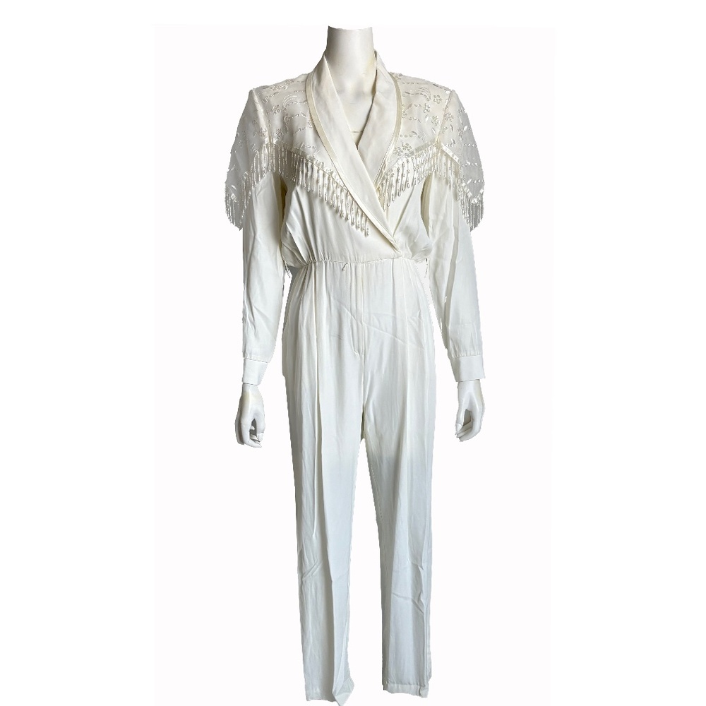 R&M Evenings by Karen Kwong Jumpsuit White Pearl Bead Fringe Western Retro 90s